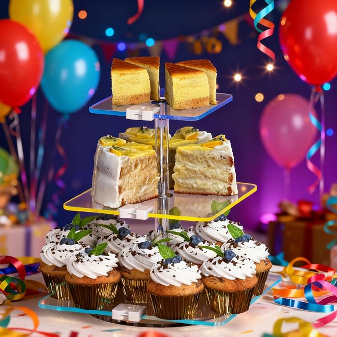 3-Tier Rotating Cupcake Stand with LED Lights - 360° Spinning Display Tower for Desserts, Cakes & Pastries - Rechargeable 7-Color Changing Serving Tray for Weddings, Parties & Festive Gatherings (Clear Acrylic)