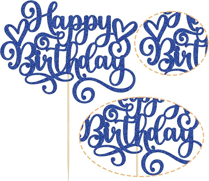 Gyufise 1Pcs Happy Birthday Cake Topper Glitter Cake Pick Bunting Decor for Anniversary Celebrating Party Cake Decorations Supplies Dark Blue
