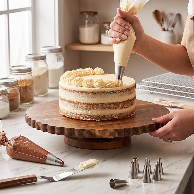 13"Scalloped Acacia Wood Cake Turntable Rotating Cake Stand with Lazy Susan | cake turntable for decorating,cake spinner,scalloped rotating cake stand,lazy susan organizer for cabinet