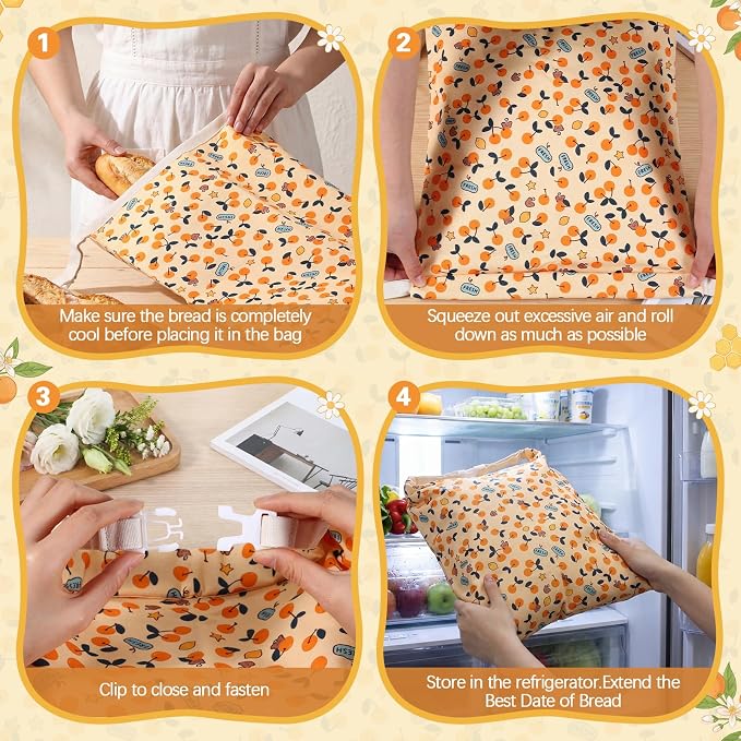 Reusable Beeswax Bread Bags for Homemade Bread Sourdough (2 Pcs 13x17in Bags + 10in Bowl Cover) Floral Cotton 100% Natural Beeswax Coating, Plastic-free Food Storage Wrap(Yellow Cherry)
