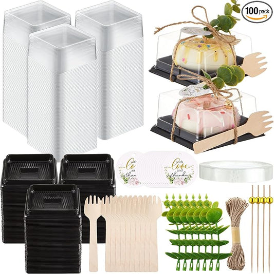 Honeydak Clear Cake Containers with Lids Wedding Cake Pans Cupcake Container Muffins Box Cocktail Picks Appetizer Thanks Tags Eucalyptus Leaves for Wedding Birthday Dessert Display(Black,100 Sets)