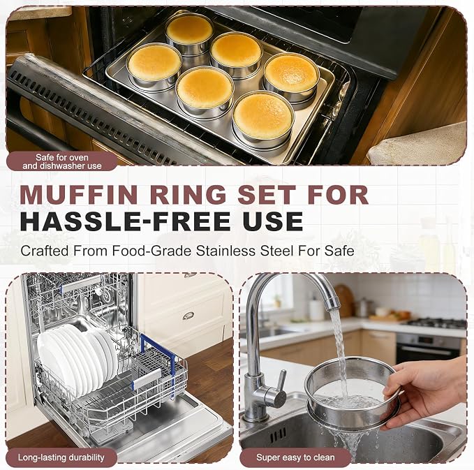 16Pcs Crumpet Rings Set, 4 & 3.15 Inch Nonstick English Muffin Rings, Stainless Steel Double Rolled Tart Ring, Round Metal Pastry Ring Molds for Baking Cake Dessert Food Making Tool