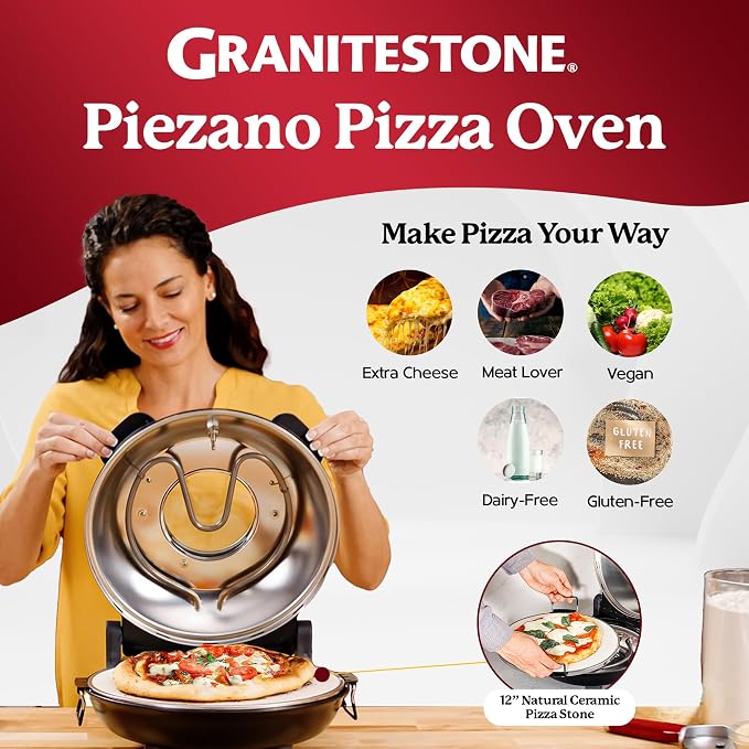 PIEZANO 12" Electric Pizza Oven Indoor Countertop Pizza Maker | Heats to 800˚F, Ceramic Stone for Crispy Crust Pizza, Cooks in Under 6 Minutes, Dual Heat Controls, Peels & Scraper Included