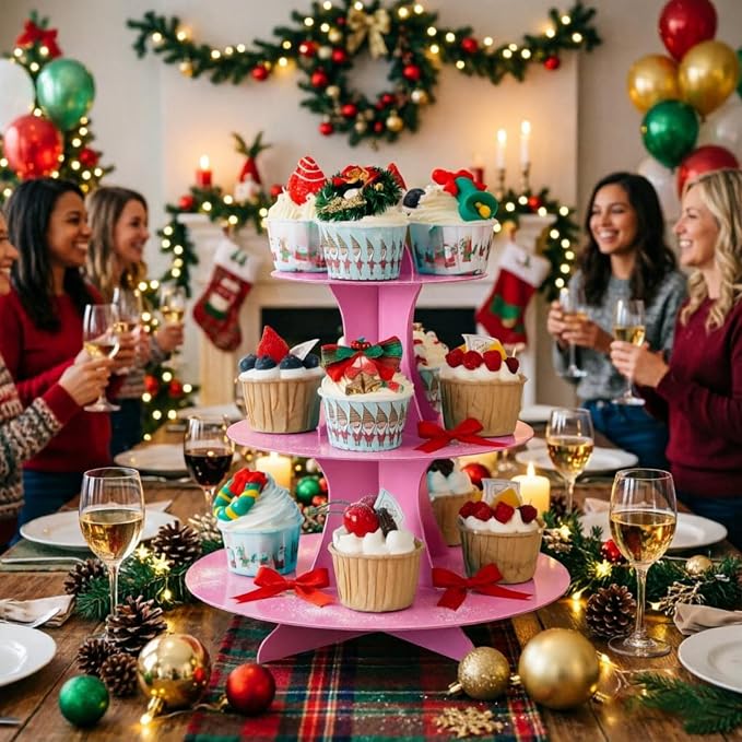 YLDW Cupcake Stand, 3-Tier Cupcake Stand Display, Cardboard Cup Cake Tower Stand, Disposable Dessert Stand for Birthday Tea Party Baby Shower Treat Decorations, Pink