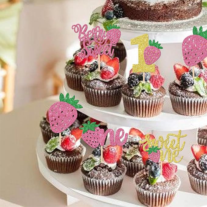 30 PCS Strawberry One Cupcake Toppers Glitter Berry Sweet One First Birthday Strawberry Cupcake Picks for Fruit Theme Baby Shower Kids Boys Girls 1st Birthday Party Cake Decorations Supplies Pink