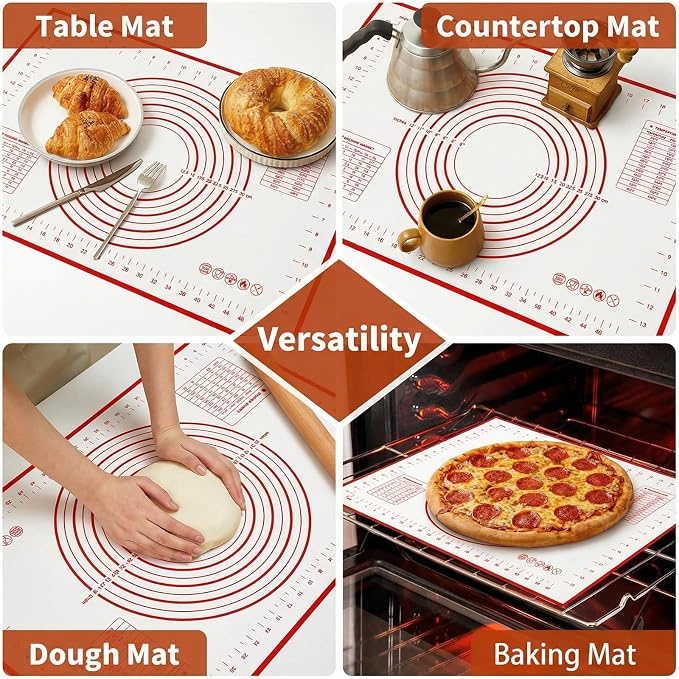 Silicone Baking Mat Dough Mat Non-Slip and Reusable Red | 0.7mm NewUpgraded Mat for Rolling Out Dough, Non Stick Silicone Mats with Measurements for Cookies, Macaroon, Bread, Pastry