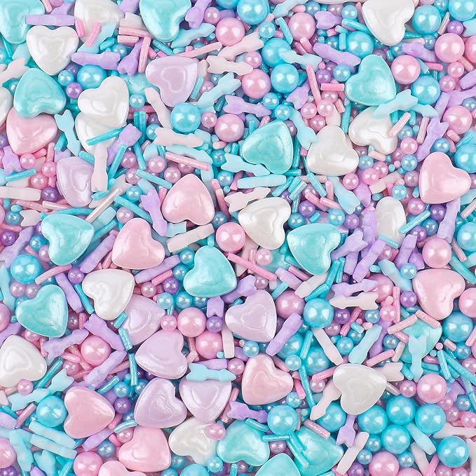 Pastel Sprinkles for Cake Decorating, 4.6oz White Pink Blue and Purple Heart Sprinkle Mix with Edible Sugar Pearls & Jimmies, Perfect for Ice Cream Toppings, Cakes, Donuts, Cookies, Cupcakes