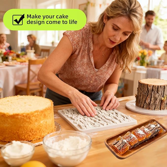 Tree Bark Cake Fondant Mold Tree Stump Fondant Impression Texture Mat Wedding Lumberjack Cake Border Decorating Tool Chocolate Gumpaste Pastry Cake Lace Mold Silicone Mat (grey)