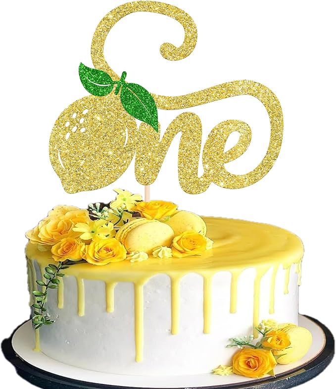 Rsstarxi 1 Pack One Lemon Cake Topper Glitter Happy 1st Birthday Cake Pick for Baby Shower First Birthday Party Cake Decorations Supplies