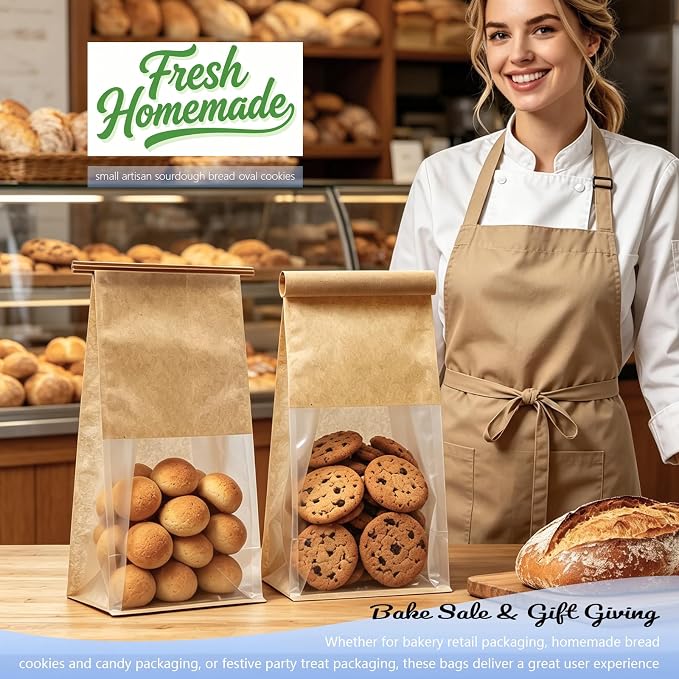 Cookie Bakery Bags with Window Small Bread Baked Goods Packaging Tin Tie Tab Closure for Candies, Treats, Snack - Brown Kraft Paper 45 Pcs 11x5.1x3.9 Inch