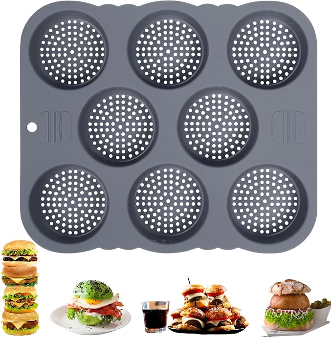 Hamburger Bun Pan, Non-Stick Food Grade Silicone Bread Loaf Pan, 8 Cavity Perforated Hamburger Bun Mold Bread pans for Homemade Bread Buns