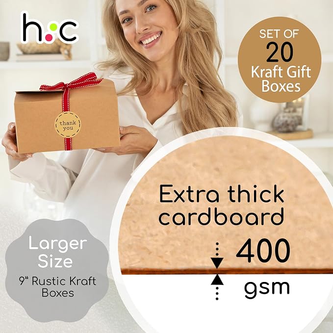 Large Brown Kraft Cookie Boxes with Ribbons & Sticker (20 Pack) 9” x 5.5” Decorative Craft Gift Boxes for Baked Goods, Candy, Bread Loaf, Small Treats, Christmas, Food Packaging, Empty, Bulk, Foldable