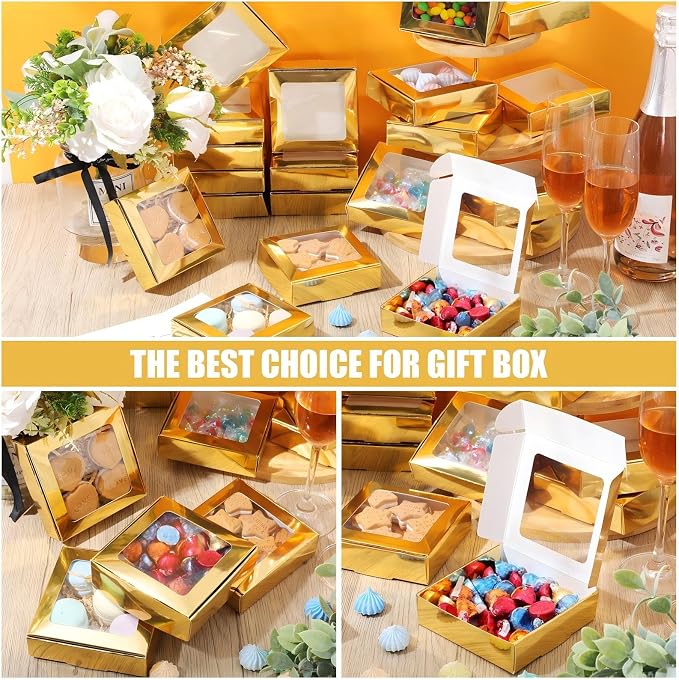 Zonon 30 Pcs Kraft Paper Boxes with Window 4.13 x 4.13 x 1.18 Inch Candy Packaging, Small Gift Boxes, Soap holder, Mini Treat Packaging for Bakery Chocolate Jewelry Display (Gold)