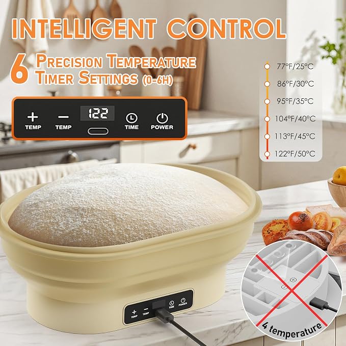 Banneton Bread Proofing Basket Set, 10" Oval Bread Baking Supplies, Silicone Foldable Sourdough Starter Warmer, Precise Thermostat Control 77-122°F. 6H Timer, Starter Baking Kit Gift