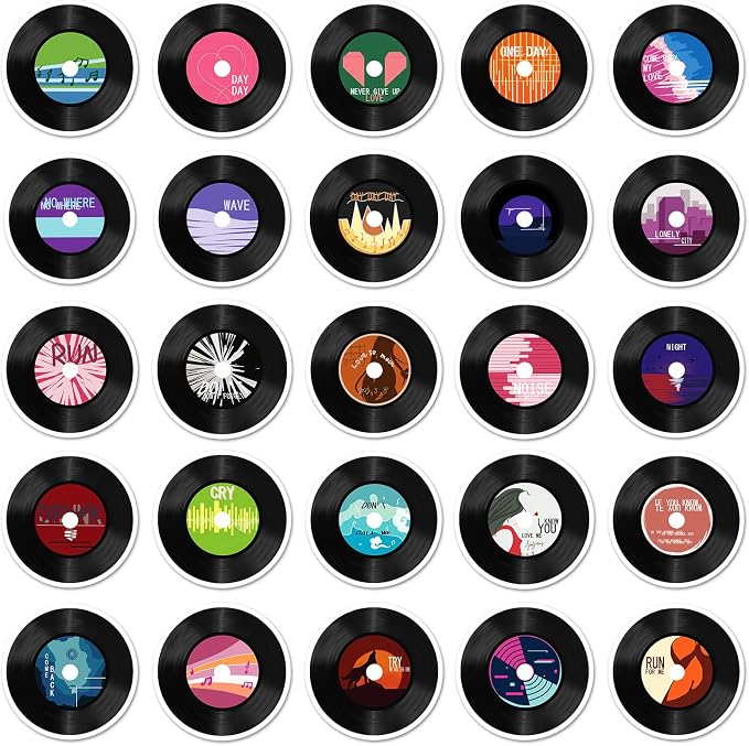 Vintage CD Stickers, 50pcs Colorful Aesthetic Music Label Decor Stickers Black Record Cutouts for Wall Collage Scrapbooking Journal Laptop Water Bottles Music Themed Party Decorations