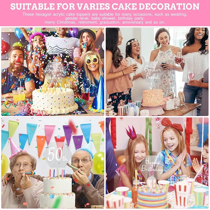 Yalikop 2 Pieces Acrylic Cake Topper Blank Clear DIY Birthday Personalized DIY Cake Topper for Custom Wedding Birthday Festival Party(Hexagon Style)