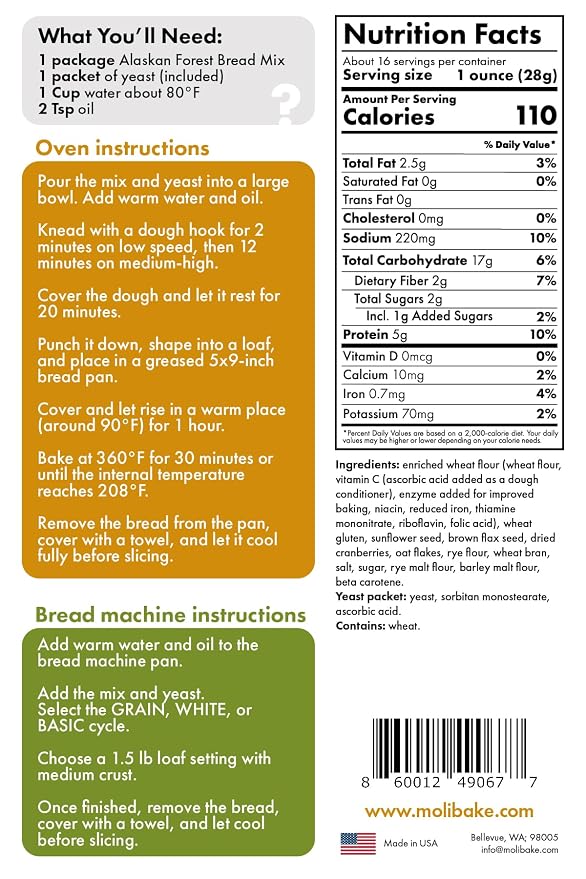 Molibake Alaskan Forest Bread Mix 15 oz Cranberry Multigrain Baking Mix with Flax & Sunflower Seeds