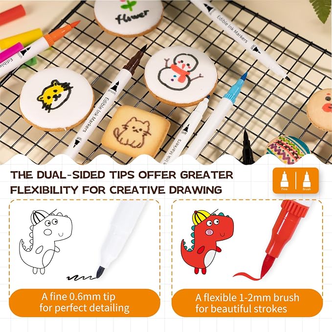 KORNNAC 15pcs Food Coloring Edible Markers for Cake Decorating With 13 rich colors white gold silver red green organic pink blue purple brown yellow black