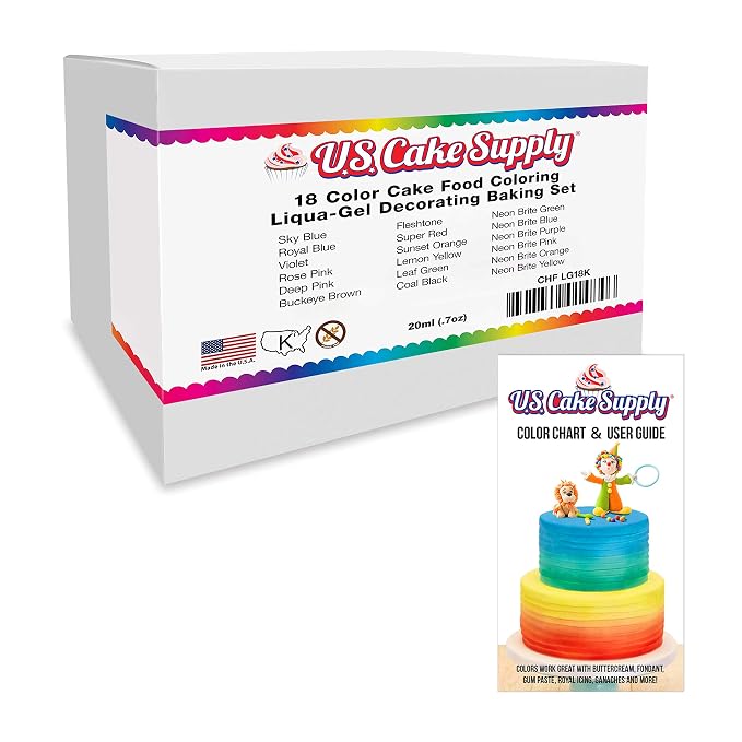 18 Color Cake Food Coloring Liqua-Gel Decorating Baking Set - 12-Primary & 6-Neon Colors – U.S. Cake Supply 0.75 fl. oz. (20ml) Bottles - Made in the U.S.A.