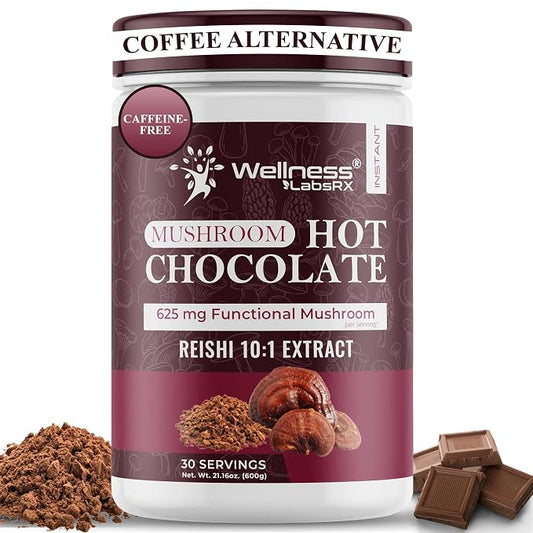Mushroom Hot Chocolate Powder with Reishi 10:1 Extract, Hot Cocoa Powder Caffeine-Free Mushroom Coffee Alternative - Adaptogenic Superfood Drink for Focus, Relaxation, and Mood Support - 30 Servings