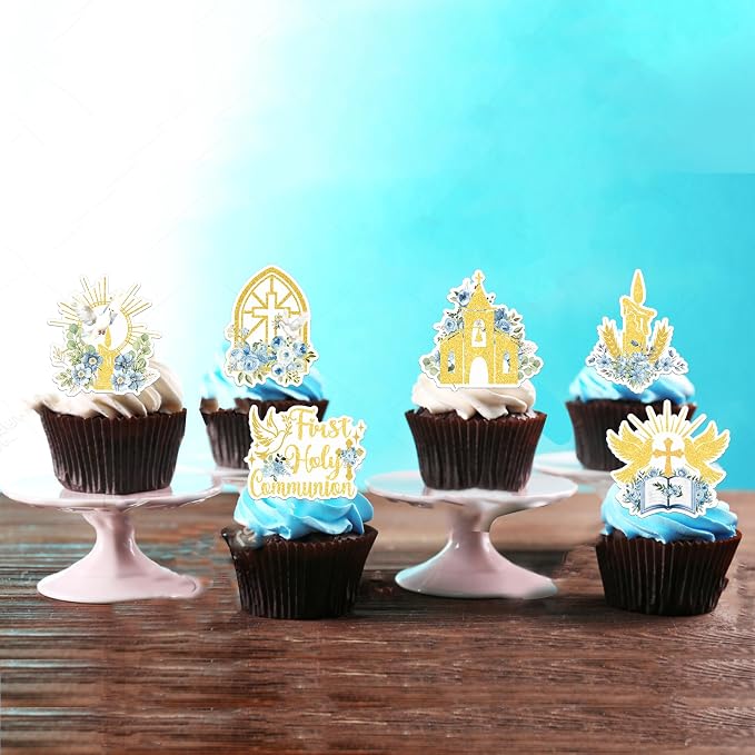 60 PCS Edible God Bless Cupcake Toppers Dove Cross Cupcake Picks Edible Floral First Communion Cake Decorations for Religious Gold Bless Baptism Theme Baby Shower Birthday Party Supplies Blue