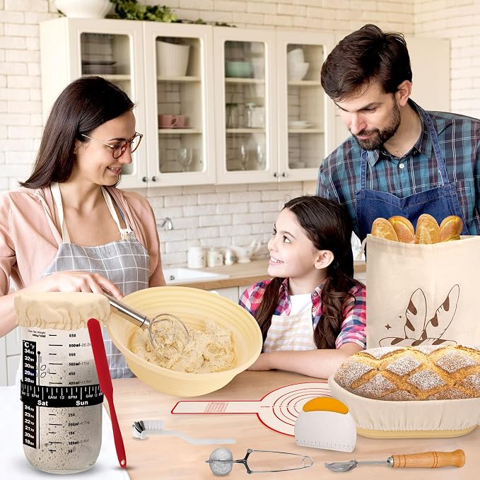 16-Piece sourdough bread baking supplies Set - Foldable Silicone banneton bread proofing basket (Round & Oval) - proofing basket with sourdough tools & jar - Ideal for Home & Pro Bakers