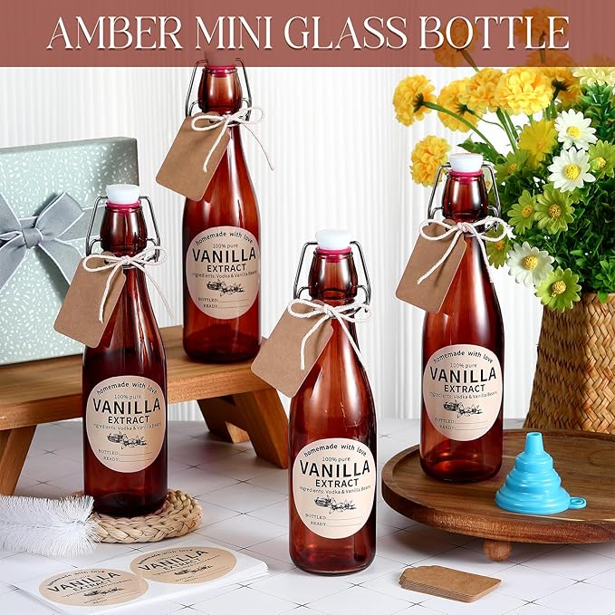 Vesici 12 Sets Swing Top Glass Bottles Set Amber Homemade Vanilla Extract Bottles Vanilla Extract Jars for Christmas DIY Crafts (12 Oz)
