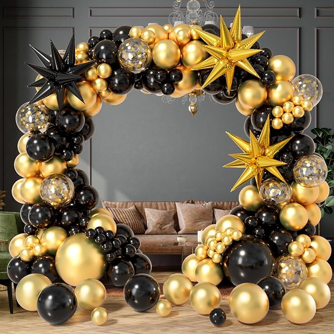 Bonropin Black and Gold Balloon Garland Arch Kit 158pcs with Black Gold Confetti Balloons, Star Foil Balloons, for Graduation New Year Anniversary Birthday Party Decorations