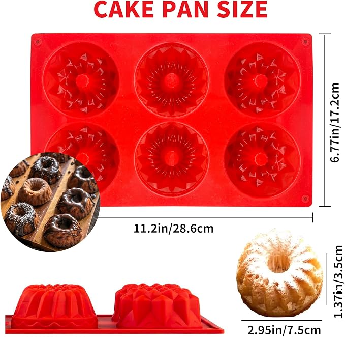 Mini Bundt Cake Pan,6-Cavity Fluted Tube Cake Pan, Non Stick Silicone Fancy Baking Molds for jello, Cupcake, Doughnut, Cornbread, Brownie (Red,Set of 3)