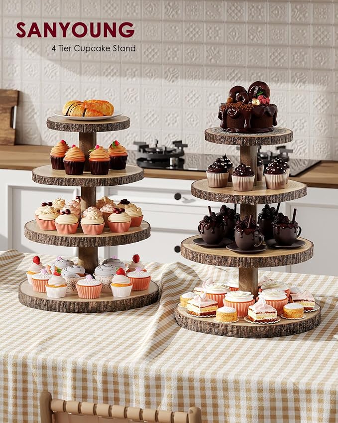 SANYOUNG Wood Cupcake Stand, 4 Tier Wooden Cupcake Tower, Large Rustic Cake Display Holder Stand for Woodland Baby Shower, Wedding, Birthday, Tea Party, Farmhouse Dessert Table Decorations