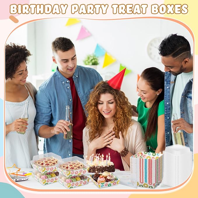 Potchen 50 Pack Bakery Boxes with Clear Lids, Disposable Charcuterie Treat Boxes for Cookies, Donuts, Cupcakes, Candy and Mini Cakes, Party Favor for Wedding and Gift Giving(Donut)