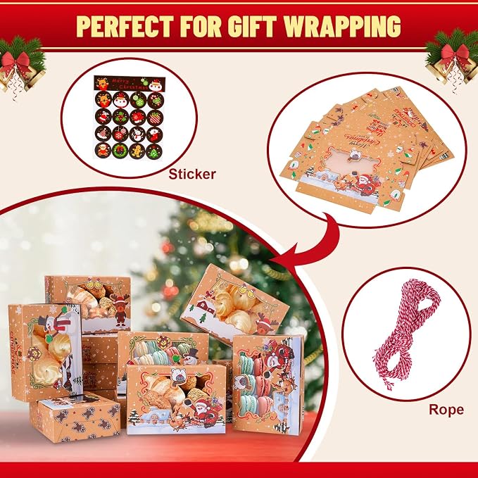24 Pack Christmas Cookie Boxes with Window, 8.7" x 5.9" x 2.7" Large Holiday Bakery Treat Boxes for Gift Giving, Pastry, Candy, Party Favors, Christmas Kraft Gift Boxes with Ribbons and DIY Gift Tags