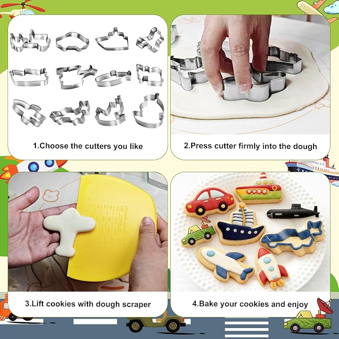 Airplane Cookie Cutter Set - 12Pcs Mini Cookie Cutters Variety Pack with Dough Scraper, Cars, Rocket and Boats Stainless Steel Cookie Mold for Biscuits, Fondant
