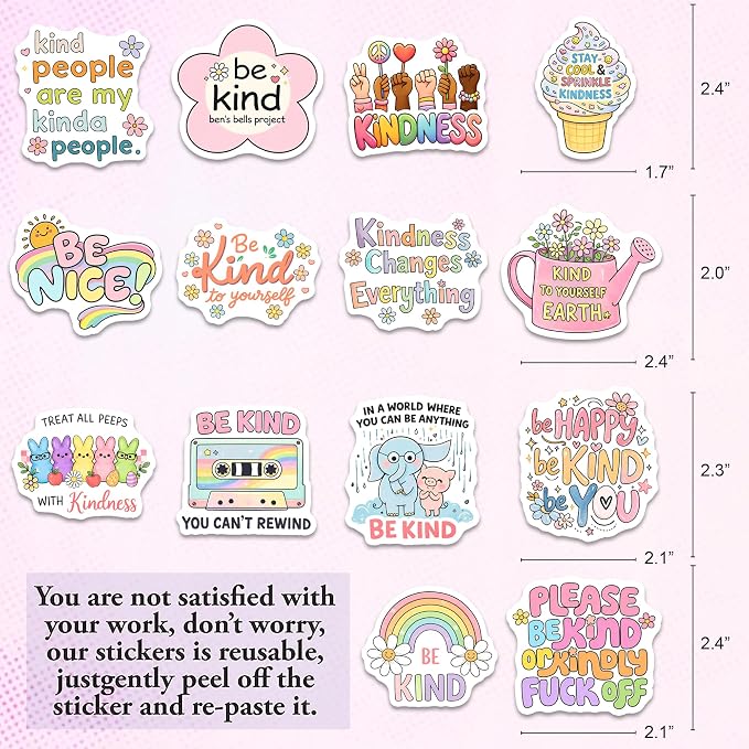 Kindness Stickers – Waterproof Vinyl Be Kind Decals for Water Bottles, Laptops, Journaling – Non-Repeating Decals, High-Definition Print Gift for Womens (50PCS)