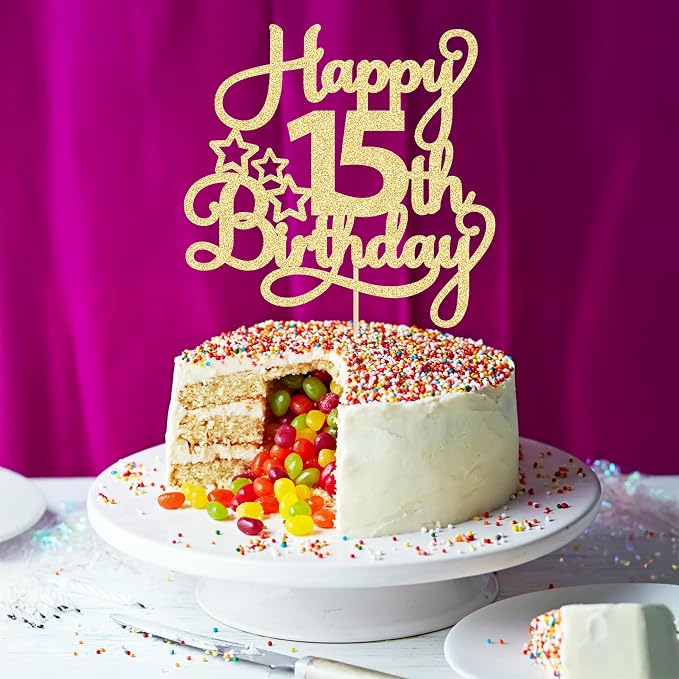 1 Pack Happy 15th Birthday Cake Topper Gold Glitter Mis Quince 15 Cheers to 15 Years Old Cake Pick for Celebrating 15th Birthday Anniversary Party Cake Decorations Supplies