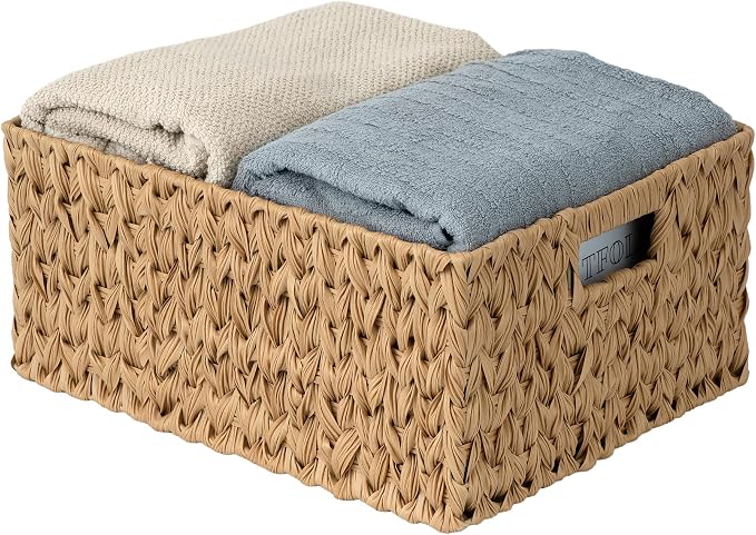 JS HANGER Large Woven Rattan Storage Basket with Handle for Organizing Waterproof Plastic Wicker Basket for Bathroom, Living Room 16.53’’ x 12.8’’ x 7.5’’ Natural