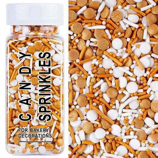 Gold White Sprinkles for Cake Decorating, 4.6oz Ice Cream Sprinkles 3-Mix Nonpareils Confetti Jimmies for Cupcakes Dessert Baking