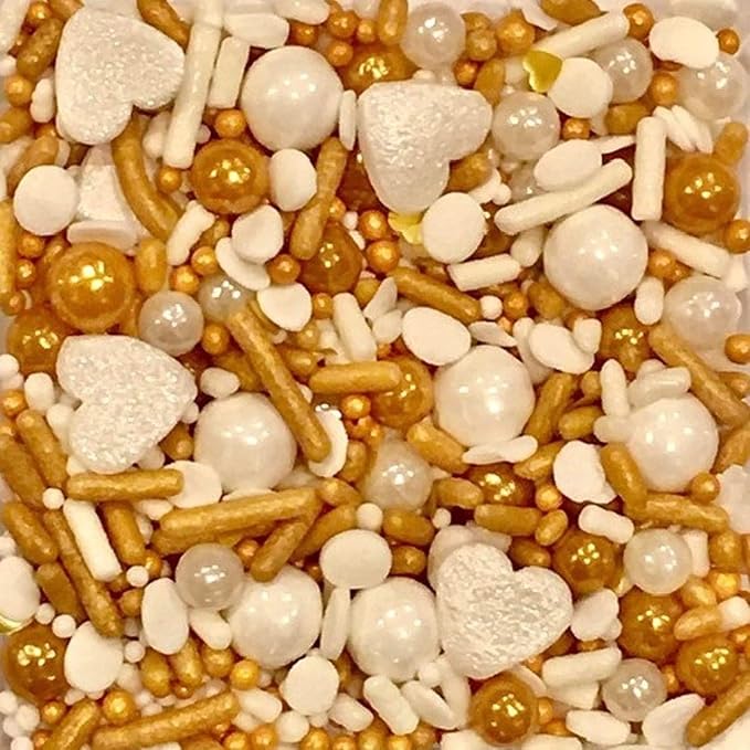 COOL MOM SPRINKLES Gold and White Heart Sprinkles (4 oz.) – Heart Sprinkles for Decorating Cakes, Cupcakes, Cookies & Desserts – Mixed in the USA/Gluten-Free (Gold Heart)