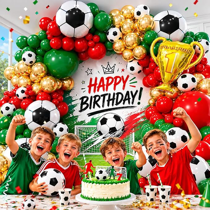 Soccer Party Decorations 160Pcs, World Soccer Balloon Garland Arch Kit with 18'' Football Foil Balloons, Green and Red Football Print Balloons for Boys Sports Fan Birthday Soccer Party Decor