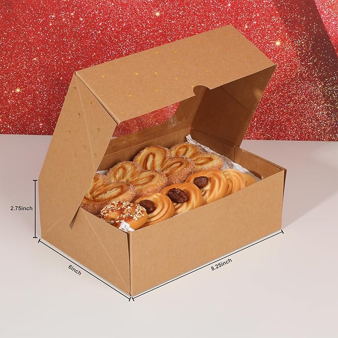 YEKTFS 12pcs Gold Star Cookie Boxes, Brown Bakery Boxes with Window 8.25x6x2.75in Gold Foil Star Treat Cake Boxes for Gift Giving Pastry Dessert Cupcakes Candy Donut Packaging (KRAFT PAPER, 12)