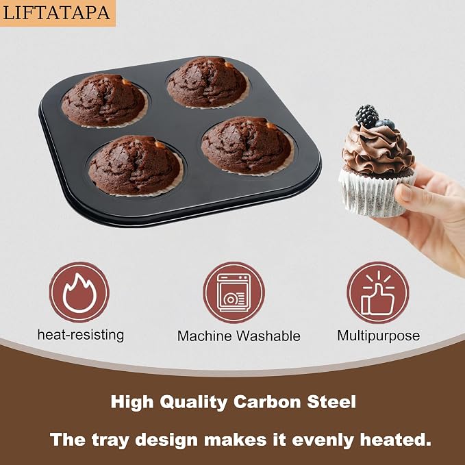 4 Cup Muffin Pan Mold, Non-stick Cupcake Baking Pan Mini Pie Pans, Carbon Steel Cake Mould Muffin Tray Standard Baking Mold Pan for Oven Baking(Black)