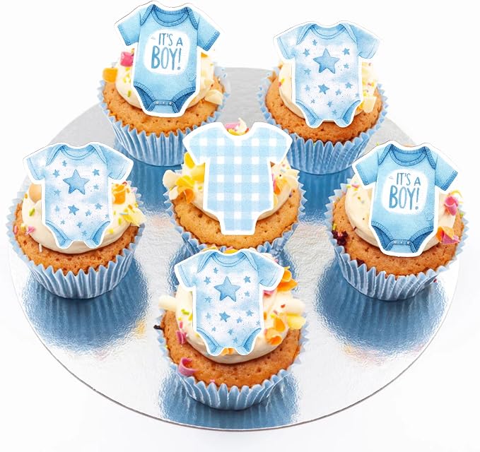 60 PCS Edible Bodysuit Cupcake Toppers Wafer Paper It's a Boy Cupcake Picks Edible Blue Gingham Theme Party Decorations for Boys Birthday Gender Reveal Baby Shower Party Cake Decorations Supplies