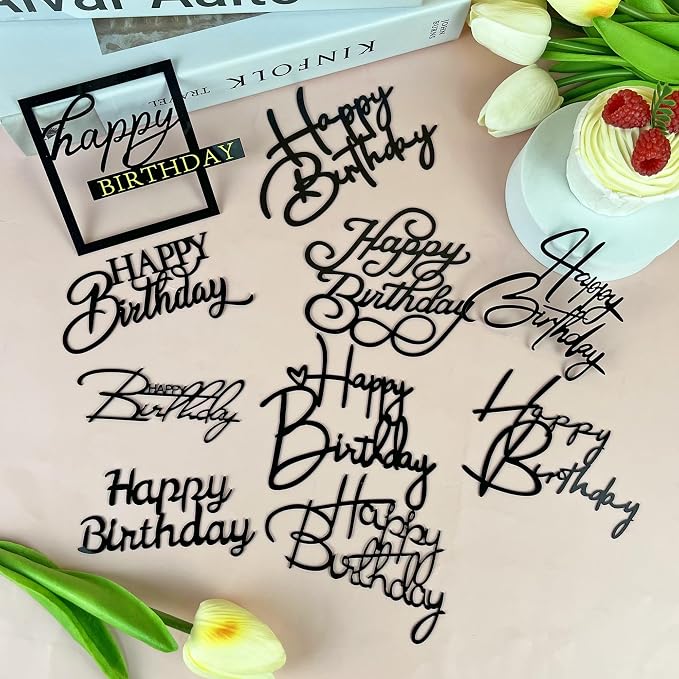 10 PCS Silver Happy Birthday Acrylic Cake Toppers Mirrored Side Cake Decorations Inserts 10 Styles (Black)