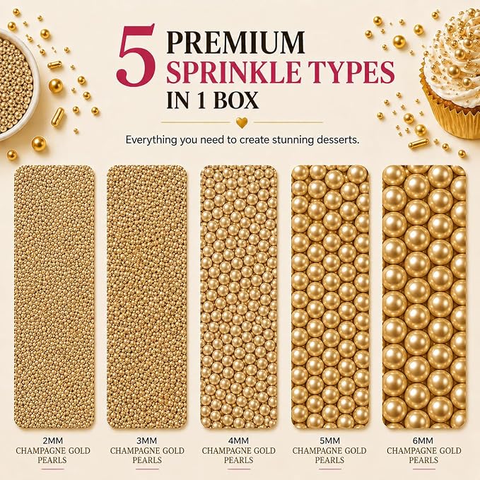Confect Pearl Sprinkles | Gold Sprinkles for Christmas Cakes & Cupcakes Decoration | Assorted pack of 5 | Sparkling Champange Disco Ball Sprinkle | Mix Gold Pearl Dragees | Vegan, Gluten-Free, Nut-Free, Soy-Free, Dairy-Free, Palm Oil-Free, No Artificia...