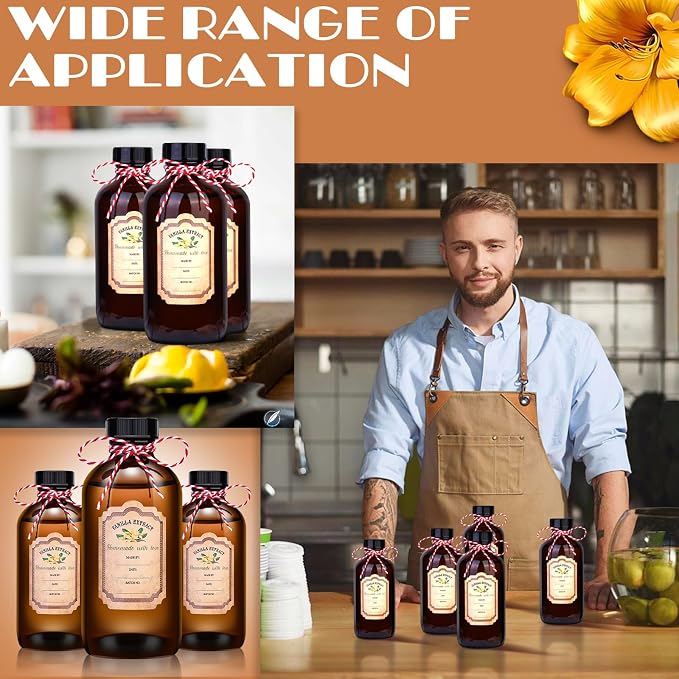 12 Pack Amber Glass Bottles for Vanilla Extract Homemade 8 oz,Vanilla Extract Bottles,Brown Boston Round Bottle with Caps and Stickers,Glass Food Storage Canister for Syrup Beans Sauce Essential Oil
