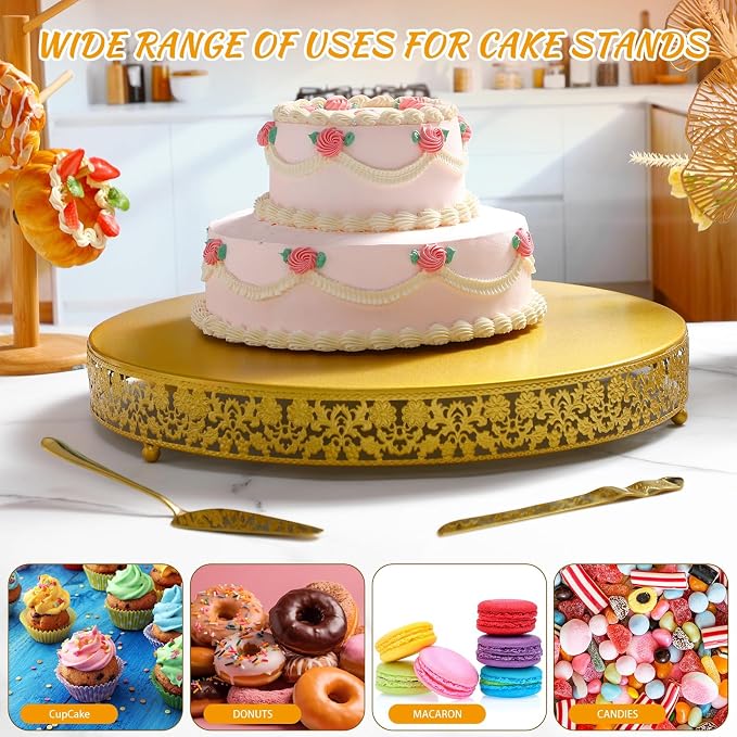 Wenqik 18 Inch Gold Cake Stand Set Metal Round Cupcake Dessert Stand with Cake Cutting, Flower Spatula Wedding Cupcake Pastry Display Candy Holder Display for Wedding Party Birthday Baby Shower