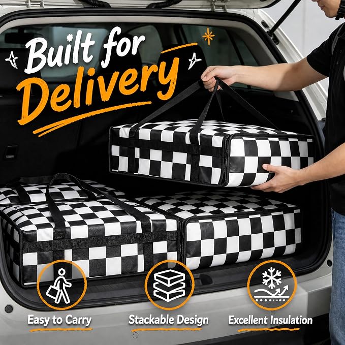 Checkered Pizza Bags for delivery, Black White Checkerboard Insulated Pizza Delivery Bag, Pizza Warmer Bag Pizza Carrier for Food Delivery Bag 20’’x20’’x6’’