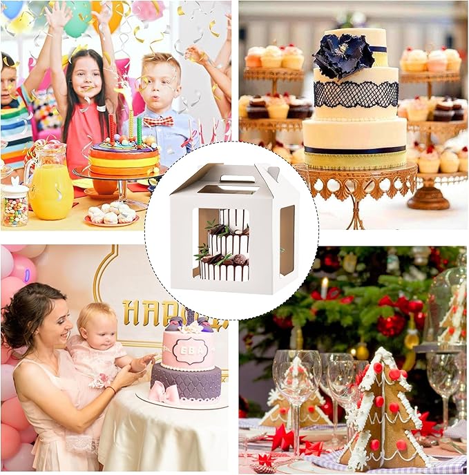 Tall Cake Boxes 6 Windows with handle,14x14x14 Tall Cake Carrier, Tiered Cake Box, Square cake box,largeTake Out Transport Containers Ideal for 12" & 14" Tiered Cakes (3Pack-White)