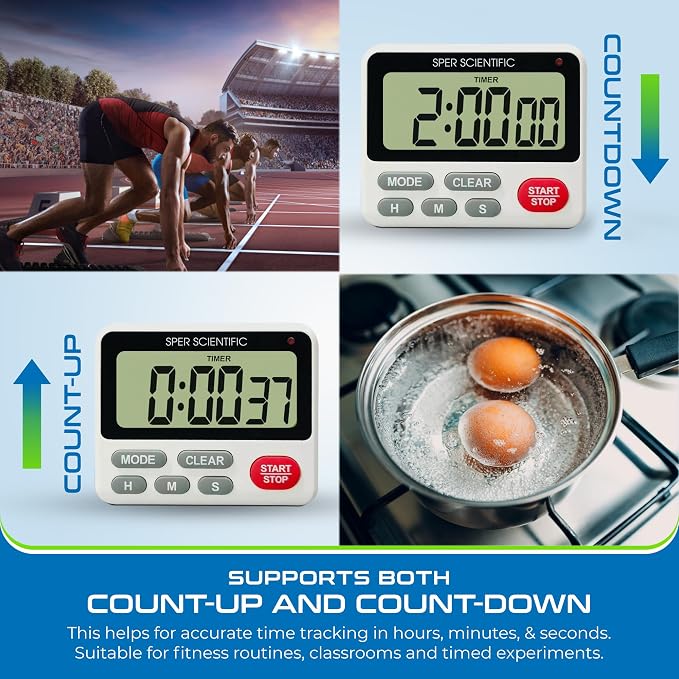 Sper Scientific 24-Hour Digital Lab + Kitchen Timer with LED Light 810001 - Precision Countdown Timer with Large Display, Loud Alarm & Clock Mode - for Cooking, Lab Experiments & More - 4 pc