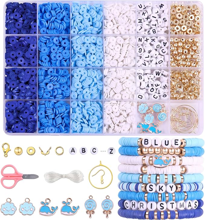 Wuollgess 3500 PCS Valentines Blue Clay Beads for Bracelet Making Kit, Polymer Heishi Beads for Jewelry Making Friendship Bracelet Kit for Adults, Spacer Letter Beads for Necklace Earring DIY